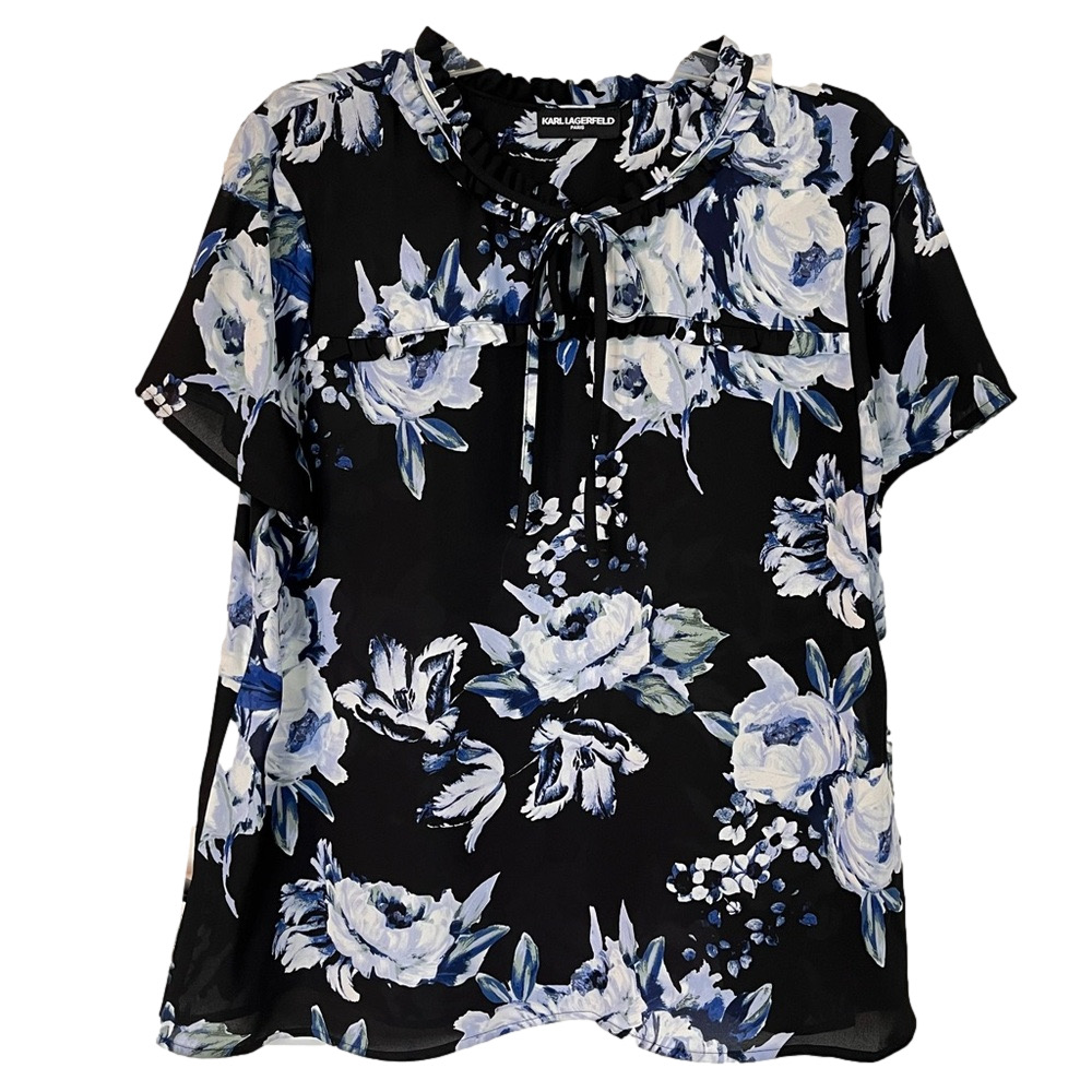 Karl Lagerfeld Black and Blue Floral Blouse XL